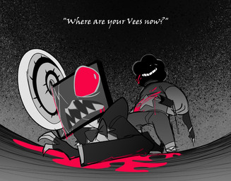 4_fingers battle blood bodily_fluids colored_blood dialogue duo electronics fingers for_a_head holding_arm male pink_blood screen screen_face severed_arm severed_body_part severed_limb sharp_teeth shield sinister_smile smile teeth television text unusual_blood unusual_bodily_fluids white_text phishtickz cartoon_network hazbin_hotel hellaverse steven_universe steven_quartz_universe vox_(hazbin_hotel) human mammal object_head screen_head tv_head 2025 crossover digital_drawing_(artwork) digital_media_(artwork) english_description english_text partially_colored