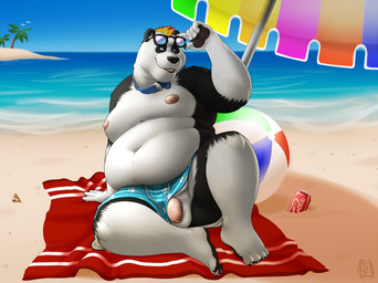 anthro ball balls beach beach_ball beach_towel beach_umbrella belt_collar beverage clothing cola collar eyewear genitals humanoid_genitalia humanoid_penis inflatable male overweight overweight_anthro overweight_male parasol penis penis_poking_out sitting soda solo sunglasses swimming_trunks swimwear towel wearing_sunglasses kronexfire bear giant_panda mammal 2018