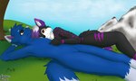 anthro black_body black_fur blue_body blue_fur brown_eyes cuddling duo eyelashes featureless_crotch female field fur grass hair highlights_(coloring) hug looking_at_another looking_at_partner lying male male/female multicolored_body multicolored_fur nude pink_body pink_fur plant purple_highlights smile tree under_tree white_hair kvnpoulsen felid feline lynx mammal 5:3 absurd_res hi_res