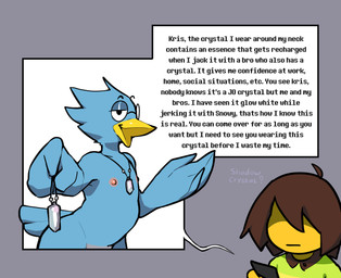 ambiguous_gender ambiguous_human anthro areola beak blue_body blue_feathers clothed clothed_ambiguous clothed_human clothing dialogue duo electronics eyewear feathers glasses jewelry jo_crystal male male_anthro message necklace nipples nude open_mouth phone text conditional_dnp kinkykong deltarune undertale_(series) berdly kris_dreemurr avian bird human mammal digital_media_(artwork) english_text hi_res meme nonbinary_(lore)