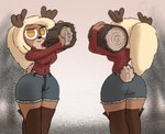 anthro antlers big_breasts blonde_hair boots bottomwear breasts cleavage clothed clothing denim eyelashes female footwear freckles front_view hair holding_object horn long_sleeves looking_at_viewer orange_eyes ponytail rear_view shoes shorts smile solo tail thick_thighs wide_hips guak nora_ashford deer humanoid mammal moose new_world_deer hi_res model_sheet