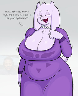 anthro belly big_breasts blush breasts cleavage clothed clothing curvy_figure dialogue eyes_closed female horn jewelry necklace open_mouth open_smile overweight overweight_anthro overweight_female purple_clothing slightly_chubby smile solo tail talking_to_viewer text tight_clothing voluptuous sketchfins undertale undertale_(series) toriel boss_monster_(undertale) bovid caprine goat mammal english_text hi_res