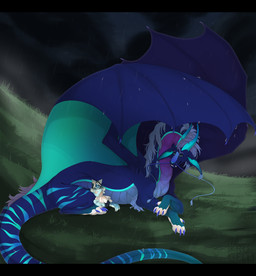 ambiguous_gender anthro black_bars claws clock cloud duo female feral finger_claws grass hug inner_ear_fluff larger_feral long_neck long_tail looking_at_another membrane_(anatomy) membranous_wings plant raining size_difference sleeping smaller_anthro tail tired toe_claws tuft wings krugell mythology domestic_cat dragon felid feline felis mammal mythological_creature mythological_scalie scalie letterbox