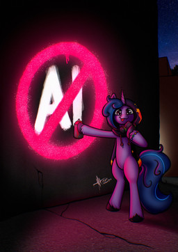 1_horn ai_generated_media_(subject) anti-ai anti-ai_logo black_hooves blue_hair blue_tail bracelet clothing electronics featureless_crotch female female_feral feral glowing graffiti hair headphones headphones_around_neck holding_object holding_spray_can hooves horn jewelry looking_at_viewer monotone_body multicolored_bracelet night on_hind_legs outside paint purple_body purple_eyes purple_horn rainbow_bracelet rainbow_symbol semi-anthro smile solo spiral_horn spray_paint tail tongue tongue_out izalith_itxi hasbro mlp_g5 my_little_pony my_little_pony:_tell_your_tale mythology izzy_moonbow_(mlp) equid equine mammal mythological_creature mythological_equine unicorn hi_res