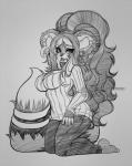 anthro biped clothed clothing female kneeling looking_at_viewer open_mouth solo petitecat felid mammal monochrome watermark