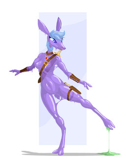 anthro armband armor belt biped blue_eyes blue_hair bracers breasts dagger female fur hair hooves jewelry melee_weapon naturally_censored necklace nude purple_body purple_fur slime solo standing sword translucent translucent_body weapon phlegraofmystery deer goo_creature hybrid mammal hi_res
