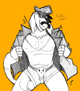 anthro belt belt_buckle biker_jacket black_nose bodily_fluids bottomwear buckle clothing daisy_dukes denim denim_bottomwear denim_clothing denim_shorts eyewear fake_mustache floppy_ears foreskin fur genital_fluids genitals hat headgear headwear hotpants humanoid_genitalia humanoid_penis jacket leather leather_clothing leather_daddy leather_hat leather_headgear leather_headwear leather_jacket leather_topwear male pants pecs pecs_focus penis penis_poking_out precum presenting raised_tail shirt shorts skull_belt_buckle smile solo stubble sunglasses tail tail_tuft thick_thighs tight_bottomwear tight_clothing tight_pants tight_shorts topwear tuft footfoxxy johnny_test_(series) dukey canid canine canis domestic_dog mammal 2021 absurd_res hi_res sketch