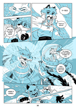 anthro blush cape clothing dialogue eyes_closed female magic male melee_weapon simple_background spiked_tail spikes spikes_(anatomy) sword tail text weapon saran_kit mythology nest_(saran_kit) canid canine canis dragon fox mammal mythological_creature mythological_scalie scalie wolf absurd_res comic english_text hi_res