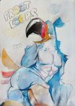 abs anthro athletic athletic_anthro beak blue_body blue_feathers blush butt feathers lidded_eyes lying male mascot nipples nude null_bulge pecs smile solo tail tail_feathers kogito froot_loops kellogg's toucan_sam avian bird toucan absurd_res hi_res traditional_media_(artwork)