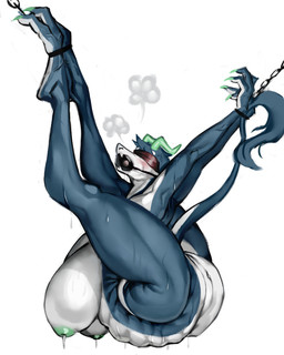 anthro backbend big_breasts blue_body bodily_fluids breasts claws contortionism extreme_contortion female flexible gesture horn lactating milk nude solo sweat tail vein gyy mythology dragon mythological_creature mythological_scalie reptile scalie 4:5