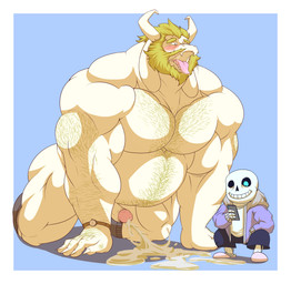 anthro beard belly biceps big_muscles blonde_hair blue_background blue_eyes blush bodily_fluids body_hair bone chest_hair clock clothing cum cum_on_ground cumshot duo ejaculation erection facial_hair fangs fur genital_fluids genitals hair hands-free horn huge_muscles humanoid_genitalia humanoid_penis jacket long_ears male mature_anthro mature_male musclegut muscular muscular_male nude open_mouth orgasm overweight pecs penis simple_background skeleton solo_focus teeth tongue tongue_out topwear watch manlyster undertale undertale_(series) asgore_dreemurr sans_(undertale) animated_skeleton boss_monster_(undertale) bovid caprine humanoid mammal undead 2015 digital_media_(artwork) hi_res