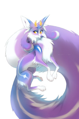 big_ears big_tail black_eyebrows blue_body blue_fur cheek_tuft claws eyebrows eyelashes facial_tuft female feral fur glowing glowing_horn horn huge_tail long_eyelashes looking_away multicolored_body multicolored_fur nude purple_body purple_fur purple_nose simple_background smile solo tail tuft white_background white_body white_claws white_fur yellow_eyes yellow_horn azzai canid canine fox mammal 2022 colored digital_drawing_(artwork) digital_media_(artwork) shaded
