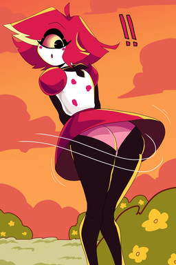 1_eye butt clothing exclamation_point female hair looking_back not_furry open_mouth panties pink_sclera red_hair solo underwear yellow_eyes carliabot hazbin_hotel hellaverse niffty_(hazbin_hotel) cyclops 2024 2:3 hi_res