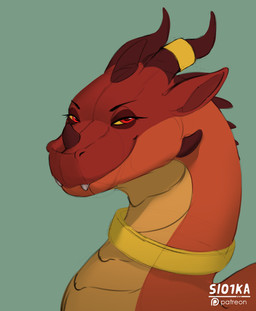 female feral gold_(metal) gold_jewelry jewelry red_eyes solo wings darkthorns slo1ka mythology wings_of_fire scarlet_(wof) dragon mythological_creature mythological_scalie scalie skywing_(wof) hi_res portrait