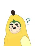 anthro banana banana_costume blush clothing costume eyebrows food food_costume fruit fur green_body green_fur humor male plant question_mark slightly_chubby solo thick_eyebrows gukibear lifewonders live_a_hero mokdai canid canine canis domestic_dog mammal 3:4 hi_res