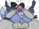 4:3 ahegao anal anal_penetration anon anthro balls blue_body blue_fur blush blush_lines canid canine clothing deep_blu_the_fox dipstick_limbs duo faceless_character faceless_male fangs fox full_nelson fur genitals grey_body guide_lines hair hat headgear headwear hi_res human humanoid looking_pleasured male male/male mammal motion_lines nude penetration penis speech_bubble teeth theyogurtagenda tongue tongue_out yogurtfgc