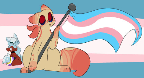 ambiguous_gender blue_body blue_fur feral flag flag_(object) freckled_back freckles fur group holding_flag holding_object lgbt_pride looking_at_viewer nonbinary_pride_colors pride_colors pupils red_pupils simple_background smile transgender_pride_colors trio neoncityrain rain_world videocult polaris_chandran_(neoncityrain) the_unbound_(neoncityrain) cyan_lizard_(rain_world) lizard_(rain_world) slugcat hi_res nonbinary_(lore) trans_(lore)