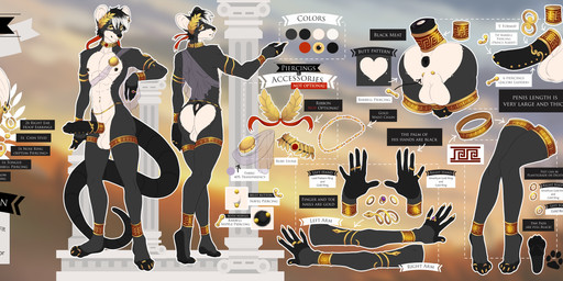 abs anthro anus athletic athletic_anthro athletic_male balls barbell_piercing black_body black_fur black_hair black_skin bracelet butt collar digit_ring erection facial_piercing feet frenum_ladder frenum_piercing fur genital_piercing genitals gold_(metal) gold_anklet gold_armlet gold_bracelet gold_cock_ring gold_collar gold_jewelry gold_legband gold_ring gold_tail_ring gold_toe_ring hair half-closed_eyes highlights_(coloring) humanoid_genitalia humanoid_penis jewelry labret_piercing ladder_piercing laurel_wreath lip_piercing male metal_collar multicolored_body multicolored_fur muscle_tone narrowed_eyes navel navel_piercing nipple_barbell nipple_piercing nipples nose_piercing nose_ring open_mouth open_smile pawpads pecs penis penis_piercing perineum piercing prince_albert_piercing ring ring_piercing roman royalty sash smile solo stud_piercing text toe_ring toes tongue tongue_piercing two_tone_body two_tone_fur waist_accessory waist_chain white_body white_fur white_highlights dai.dai philomaeus mammal murid murine rat rodent english_text hi_res