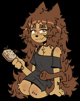 anthro breasts brown_hair brush cat_tail chest_tuft cleavage clothed clothing cute_fangs fangs feline_ears female fur hair holding_brush holding_object kneeling long_hair looking_at_viewer messy_hair purple_eyes seiza shirt sitting solo t-shirt tan_body tan_fur teeth topwear tuft whiskers iluvrabbitz gameoverse glitch_productions kit_bodega domestic_cat felid feline felis mammal 2026 absurd_res hi_res