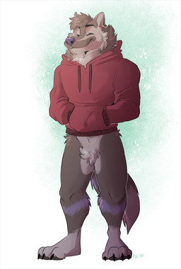 abstract_background anthro bottomless cheek_tuft claws clothed clothing crotch_tuft ear_piercing ear_ring eyes_closed facial_tuft fluffy fur grey_body grey_fur hand_in_pocket head_tuft hoodie male multicolored_body multicolored_fur neck_tuft pawpads paws piercing pockets purple_body purple_fur purple_nose red_clothing red_hoodie red_topwear ring_piercing smile solo standing toe_claws topwear tuft nowandlater dl_wolf_(dl2288) canid canine canis mammal wolf
