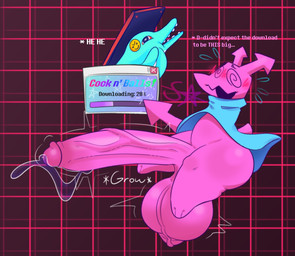 anthro balls big_balls big_penis bodily_fluids dripping duo expansion genital_expansion genital_fluids genitals growth huge_balls huge_penis hyper hyper_balls hyper_genitalia hyper_penis male penis penis_expansion precum precum_drip text sourangel deltarune undertale_(series) darkner poppup_(deltarune) virovirokun 2025 digital_media_(artwork) english_text hi_res