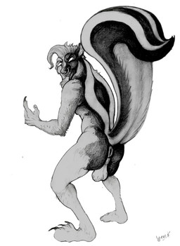 anthro anus balls facial_piercing genitals male nose_piercing nose_ring piercing ring_piercing solo transformation yagi_b._(artist) human mammal mephitid skunk striped_skunk character_request hi_res