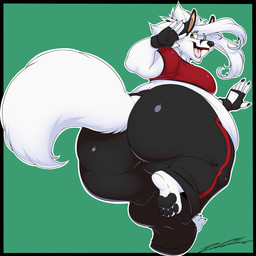 anthro belly big_belly big_butt bottomwear butt clothing fingerless_gloves fur gloves hair handwear male obese obese_anthro obese_male open_mouth overweight overweight_anthro overweight_male pants shirt solo thick_thighs topwear white_body white_fur white_hair yellow_eyes deonwolf deon_(deonwolf) canid canine canis mammal wolf 1:1 2019 digital_media_(artwork) hi_res