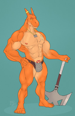 5_fingers anthro axe blue_background clothed clothing fingers holding_axe holding_object horn jewelry looking_at_viewer male melee_weapon mostly_nude muscular muscular_anthro muscular_male necklace nipples plantigrade scar simple_background smile solo standing topless underwear weapon yellow_eyes kazushi applesandwich mythology dragon mythological_creature mythological_scalie scalie 2016 hi_res