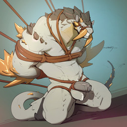 anthro balls barefoot bdsm biped black_body black_scales blush bodily_fluids bondage bound clenched_teeth digitigrade fangs feet foreskin genital_fluids genitals green_background green_eyes half-erect hands_behind_back humanoid_genitalia humanoid_penis kneeling male muzzle_(object) orange_body orange_scales penis precum restrained restraints rope rope_bondage scales simple_background solo submissive submissive_male teeth white_body no_swift capcom monster_hunter barioth flying_wyvern reptile scalie 1:1 2022 absurd_res digital_media_(artwork) hi_res