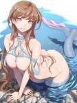 animal_tail big_breasts big_butt blue_accessory blue_body blue_clothing blue_eyes blue_scales blush breasts brown_hair butt clothing eyebrow_through_hair eyebrows eyelashes female fish_tail hair long_hair looking_at_viewer not_furry nude partially_submerged pink_fins scales smile solo split_form tan_body tan_skin thick_thighs translucent translucent_hair water wet wide_hips kous romancing_saga_3 nixer_(romancing_saga_3) humanoid marine merfolk 3:4 hi_res