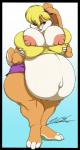 anthro bedroom_eyes belly big_belly big_breasts big_butt biped breasts butt clothed clothing cyan_background female gradient_background half-closed_eyes huge_breasts looking_at_viewer morbidly_obese morbidly_obese_anthro morbidly_obese_female narrowed_eyes navel obese obese_anthro obese_female outie outie_navel overweight overweight_anthro overweight_female pregnant seductive simple_background skimpy smile solo white_background deonwolf looney_tunes warner_brothers lola_bunny lagomorph leporid mammal rabbit digital_media_(artwork) hi_res