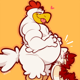 anthro beak belly biceps big_belly biped duo face_in_belly face_on_belly featureless_crotch floating_eyebrows hand_on_belly heart_symbol looking_at_another looking_down male male/male monotone_background musclegut muscular natural_colors nipples nude orange_background overweight overweight_anthro overweight_male simple_background size_difference tail thick_outline tongue tongue_out toony weight_difference wizzdono coco_(wizzdono) wizzdono_(character) avian bird chicken galliform leghorn_chicken phasianid unknown_species 1:1 2024 watermark