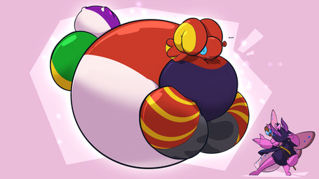 air_inflation balloon balloon_animal balloon_transformation blue_sclera ellipsis hyper hyper_inflation inflatable inflation pink_background pink_bow simple_background areoants nintendo pokemon animate_inanimate arthropod blaziken generation_3_pokemon insect lepidopteran living_balloon living_inflatable moth pokemon_(species) 16:9 2025 4k absurd_res hi_res widescreen