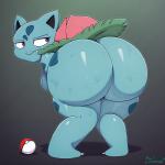 1:1 2018 absurd_res anthro anthrofied big_breasts big_butt black_outline blue_body blue_skin bodily_fluids breasts butt butt_focus digital_drawing_(artwork) digital_media_(artwork) elemental_creature eyelashes fangs female flora_fauna flower generation_1_pokemon hi_res huge_butt ivysaur leaf looking_back miso_souperstar nintendo non-mammal_breasts nude outline plant pokeball pokemon pokemon_(species) pokemorph rear_view red_eyes signature simple_background solo standard_pokeball standing sweat teeth thick_thighs wide_hips