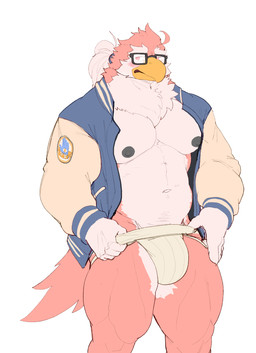 5_fingers anthro areola beak biped black_areola black_eyewear black_glasses black_nipples blush bulge clothed clothed_anthro clothed_male clothing countershade_face countershade_feathers countershade_legs countershade_torso countershading eyewear feathers fingers glasses hair humanoid_hands jacket jockstrap looking_aside male male_anthro monotone_background mouth_closed multicolored_body multicolored_feathers muscular muscular_anthro muscular_male navel neck_tuft nipples non-mammal_navel non-mammal_nipples open_clothing open_jacket open_topwear pantsless_anthro pantsless_male pecs pince-nez pink_body pink_eyes pink_feathers ponytail quads rectangular_glasses shirtless_anthro shirtless_male simple_background solo standing tail tail_feathers three-quarter_view topwear tuft two_tone_body two_tone_feathers underwear wearing_glasses white_background white_body white_clothing white_countershading white_feathers white_hands white_jockstrap white_underwear yellow_beak majestictweive neonavis navi_(navisdx) avian bird digital_drawing_(artwork) digital_media_(artwork) flat_colors hi_res portrait three-quarter_portrait