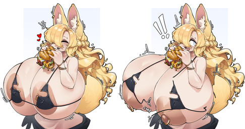 areola big_breasts blonde_hair blue_eyes bra breast_expansion breasts burger clothing eating exclamation_point expansion female food hair heart_symbol huge_breasts hyper hyper_breasts long_hair motion_lines nipple_piercing nipples open_mouth open_smile piercing smile solo surprised teeth torn_clothing underwear wardrobe_malfunction wide_eyed crr001 animal_humanoid canid canid_humanoid canine canine_humanoid fox_humanoid humanoid mammal mammal_humanoid absurd_res character_request hi_res