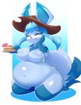 anthro anthrofied belly big_belly big_breasts biped blue_arms blue_body blue_breasts blue_ear_tips blue_ears blue_fur blue_inner_ear blue_legs blue_scarf bottomless breasts brown_clothing brown_hat brown_headwear cake cake_slice clothed clothing crossgender dessert dipstick_ears ear_markings eyes_closed featureless_breasts featureless_crotch female female_anthro fingers food fur hand_on_own_face hat headgear headwear holding_cake holding_food holding_object mostly_nude mtf_crossgender multicolored_ears naturally_censored outline overweight overweight_anthro overweight_female scarf shirtless short_stack simple_background slightly_chubby slightly_chubby_female smile solo spoon_in_mouth weight_gain white_background white_outline wide_hips conditional_dnp lhacedor nintendo pokemon mickeon eeveelution generation_4_pokemon glaceon pokemon_(species) absurd_res hi_res male_(lore)