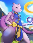 anthro clothed clothing detailed_background holowear_(pokemon) looking_at_viewer male solo standing white_body impboyz nintendo pokemon pokemon_unite martial_arts_style_mewtwo felid feline generation_1_pokemon legendary_pokemon mammal mewtwo pokemon_(species) 2023 hi_res