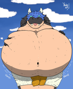 anthro belly big_belly blue_hair bottomwear clothing cloud hair hair_over_eyes horn huge_belly male overweight rumbling_stomach shorts sky solo tan_belly tongue tongue_out white_bottomwear white_clothing white_horn white_shorts yauhasart hippopotamid mammal 2026 flat_colors hi_res watermark