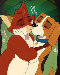 anthro black_nose blue_collar blush brown_body brown_fur collar countershading duo eyes_closed female female/female floppy_ears fur hand_on_cheek heart_symbol hearts_around_head hug kiss_on_lips kissing red_body red_fur romantic romantic_ambiance shoulder_grab tail tail_motion tailwag white_body white_countershading crowparade mating_season_(series) penelope_(mating_season) summer_(mating_season) beagle canid canine canis domestic_dog fox hunting_dog mammal red_fox scent_hound true_fox 2026 colored digital_drawing_(artwork) digital_media_(artwork) hi_res