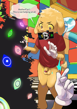 3_toes 5_fingers ambiguous_gender anthro balls biped black_eyebrows bodily_fluids bottomless bottomless_anthro bottomless_male brown_eyes caine_censorship censor_bar checkered checkered_floor clothed clothed_anthro clothed_male clothing dialogue disembodied_hand duo eyebrows fangs feet fingers flaccid floppy_ears foreskin fur genitals glans glistening glistening_balls glistening_eyes glistening_genitalia glistening_glans glistening_penis gloves handwear humanoid_genitalia humanoid_penis looking_down male male_anthro male_focus mismatched_genitalia mismatched_humanoid_penis mismatched_penis open_mouth orange_balls orange_body orange_fur orange_nose orange_penis orange_tail partially_retracted_foreskin penis profanity red_clothing red_glans red_shirt red_t-shirt red_topwear shirt short_tail solo_focus speech_bubble sweat t-shirt tail tears teeth text toes tongue topwear white_clothing white_gloves white_handwear yellow_sclera potato_12_13 glitch_productions the_amazing_digital_circus caine_(tadc) scratch_(tadc) abstraction_(tadc) bird_dog canid canine canis domestic_dog golden_retriever hunting_dog mammal retriever 2026 absurd_res digital_media_(artwork) english_text hi_res