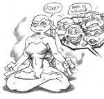 anthro crosslegged_pose dialogue female genitals group humor male meditation pussy rape_face simple_background text voyeur white_background polo_jasso teenage_mutant_ninja_turtles the_next_mutation donatello_(tmnt) leonardo_(tmnt) michelangelo_(tmnt) raphael_(tmnt) venus_de_milo_(tmnt) reptile scalie turtle greyscale monochrome spanish_text translated