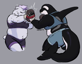 5_fingers anthro belly biped black_body black_sclera black_skin blue_clothing bodily_fluids bottomwear boxing bra claws clothed clothed_anthro clothed_female clothing crotch_tuft dorsal_fin duo earless emanata female female_anthro fin fingers fist fully_clothed fully_clothed_anthro fully_clothed_female fur furgonomic_topwear furgonomics grey_background hair looking_at_another midriff monotone_background monotone_body monotone_fur multicolored_body musclegut muscular navel notched_fin purple_clothing purple_hair round_ears sharp_teeth short_tail shorts simple_background slightly_chubby smooth_skin sport sports_bra standing stocky sweat sweaty_body tail tail_fin teeth text three-quarter_view tuft two_tone_body underwear white_body white_fur white_skin nebulabunny barbra_(smg065) marlowe_(nebulabunny) aquatic bear cetacean dolphin mammal oceanic_dolphin orca polar_bear toothed_whale ursine artist_name digital_drawing_(artwork) digital_media_(artwork) hi_res signature