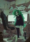 alternative_fashion anime_figure anthro beverage_can bottomwear chair clothing computer desk detailed_background electronics emo female footwear furniture gaming_chair glamfur green_hair hair hoodie inside legwear long_hair messy_room monitor neet one_ear_up one_eye_obstructed one_sock one_thigh_high poster scar scene_haircut self-harm_scars shorts solo table thick_thighs thigh_highs toeless_footwear toeless_legwear topwear torn_clothing waspsalad animal_crossing monster_energy nintendo isabelle_(animal_crossing) lagomorph leporid mammal rabbit 2023 cool_colors digital_media_(artwork) digital_painting_(artwork) green_theme hi_res portrait