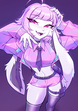 anthro blush bottomwear breasts clothing curvy_figure female fluffy_ears hair hotpants hourglass_figure inner_ear_fluff looking_at_viewer midriff navel necktie pink_hair red_eyes shorts smile thigh_gap tuft 3rdperson_iz bean_(bean_mel) lagomorph leporid mammal rabbit hi_res