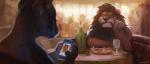 alcohol anthro beverage clothed clothing detailed_background displeased electronics food fur furniture group hair holding_object inside male mane phone public restaurant table orcaowl domestic_cat felid feline felis lion mammal pantherine 2016 hi_res