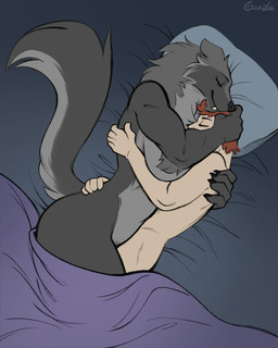 anthro bed bedding big_breasts blanket breast_squish breasts butt claws cuddling duo fangs female female_anthro female_on_human furniture hug human_on_anthro interspecies larger_female male male/female male_human male_on_anthro muscular muscular_anthro muscular_female pillow size_difference sleeping smaller_male smile squish teeth goolee mythology eleniel keven canid canine canis human mammal mythological_canine mythological_creature werecanid werecanine werecreature werewolf wolf 2025 4:5