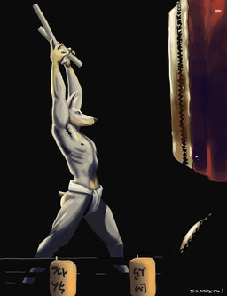 5_fingers anthro armpit_hair asian_clothing black_body black_fur black_nose body_hair brown_body brown_fur butt clothing drum drumstick_(musical) east_asian_clothing fingers fundoshi fur humanoid_hands japanese_clothing male multicolored_body multicolored_fur musical_instrument navel nipples percussion_instrument solo standing taiko_drum tail two_tone_body two_tone_fur underwear sampsonwoof canid canine canis dobermann domestic_dog mammal pinscher signature