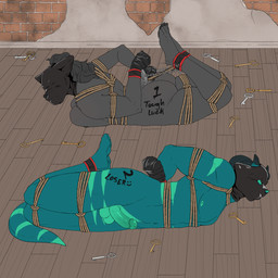 abandoned_building accidentally_stuck ankle_cuffs anthro bad_end ball_gag balls bdsm black_body black_fur black_hair blindfold body_writing bondage bound breast_squish breasts butt captured caught chain chest_harness cobondage competition cuff_(restraint) duo erection female fur gag gagged genitals gimp_mask green_body green_scales hair harness hogtied horn humanoid_genitalia humanoid_penis key loser lying male mask nipples non-mammal_nipples nude on_front on_ground on_side penis restraints rope rope_bondage scales self-bondage short_tail squish submissive submissive_male tail tape tape_bondage tape_mittens taped_hands wrist_cuffs pascalthepommie mythology charlie_mcnaught freci_swiftmace canid canine dragon mammal mythological_creature mythological_scalie scalie 1:1 hi_res
