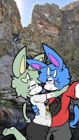 anthro blue_eyes blue_tail bottomwear clothed clothing duo fanny_pack fur green_body green_eyes green_fur green_tail hand_behind_back hand_on_shoulder looking_at_another love male male/male nuzzling photo_background raised_leg ribbons_(anatomy) romantic romantic_couple seductive selfie shirt shorts smile t-shirt tail text topwear tuft xeloartz nintendo pokemon delisylvi_(character) polveon_(character) eeveelution generation_6_pokemon mammal pokemon_(species) shiny_pokemon sylveon absurd_res digital_drawing_(artwork) digital_media_(artwork) english_text hi_res photography_(artwork)